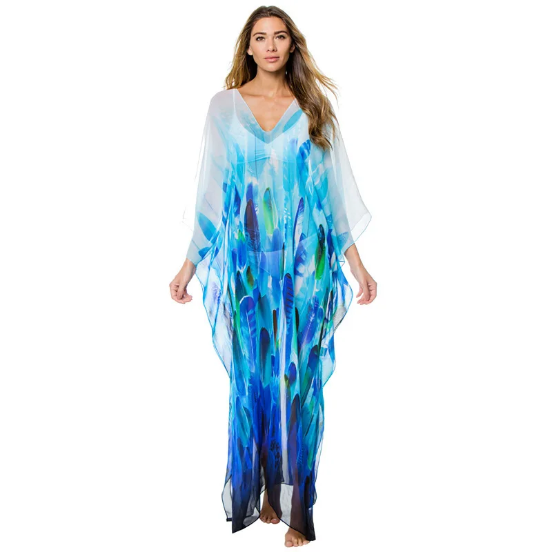 

Saida De Praia Summer Beach Woman Dress 2019 Exit Of Bathroom Women Sexy Cover Up Leaf Print Chiffon Super Large Loose Swimsuit