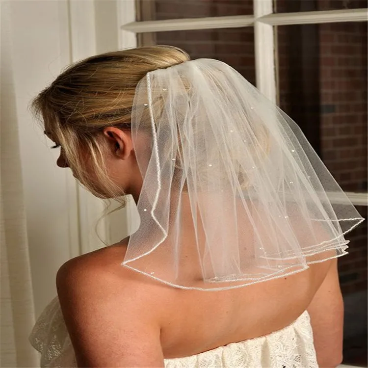 

Pearl Wedding Dress Veil Layers Tulle Ribbon Edge Bridal Veils Women Accessories