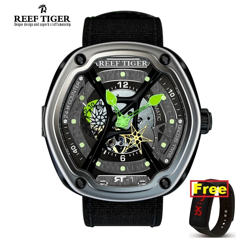 

Reef Tiger/RT Luxury Dive Sport Watch Luminous Dial Nylon/Leather/Rubber Strap Automatic Creative Design Watch RGA90S7
