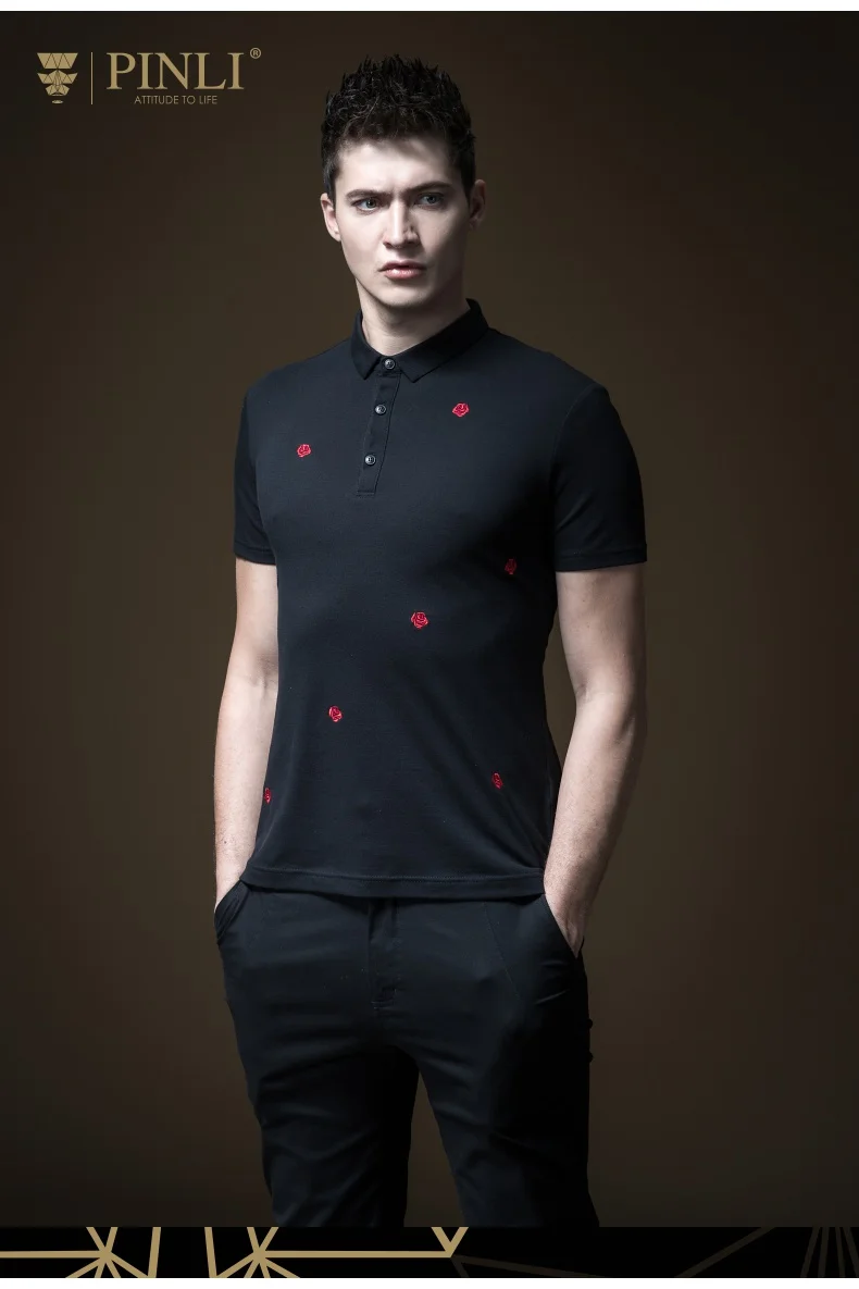 Pinli летняя хлопковая Повседневная однотонная тонкая Новая мужская рубашка поло с коротким рукавом и вышивкой B192112257