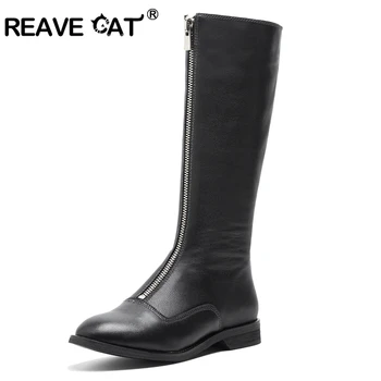 

REAVE CAT Women genuine leather boots Knee boots Flats High quality Botas mujer Zapatos de mujer Zipper Warm Autumn Winter A1487
