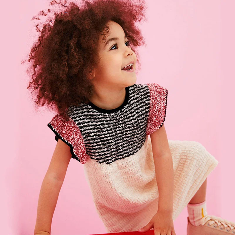 Коллекция года, весеннее платье с короткими рукавами для маленьких девочек, вязаное платье принцессы в стиле пэчворк вечерние платья в полоску для девочек бежевого цвета