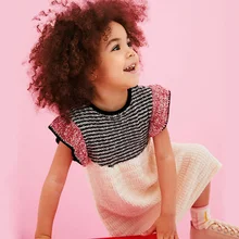 Коллекция года, весеннее платье с короткими рукавами для маленьких девочек, вязаное платье принцессы в стиле пэчворк вечерние платья в полоску для девочек бежевого цвета