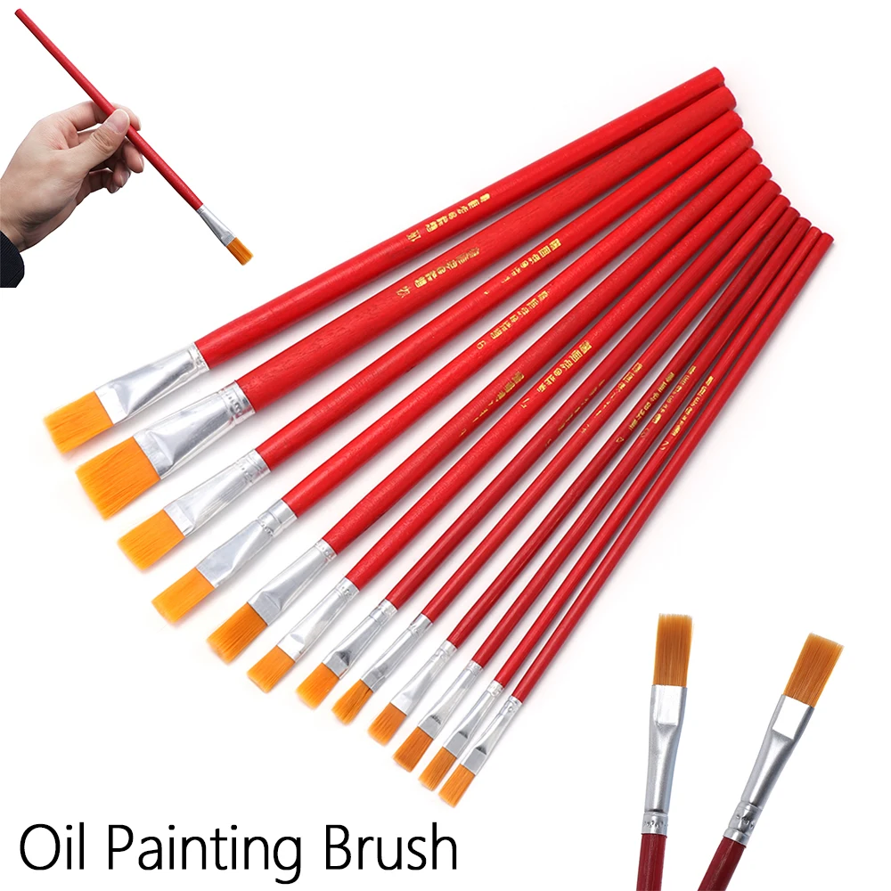 6/12pcs Nylon Flat Artist Paint Brush Set Nylon Hair Watercolor Acrylic Oil Painting Supplies