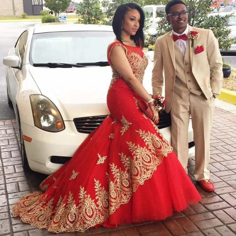 Robe de Soiree Longue Mermaid Muslim Evening Dress Red Prom Dresses 2016 with Gold Lace Appliques