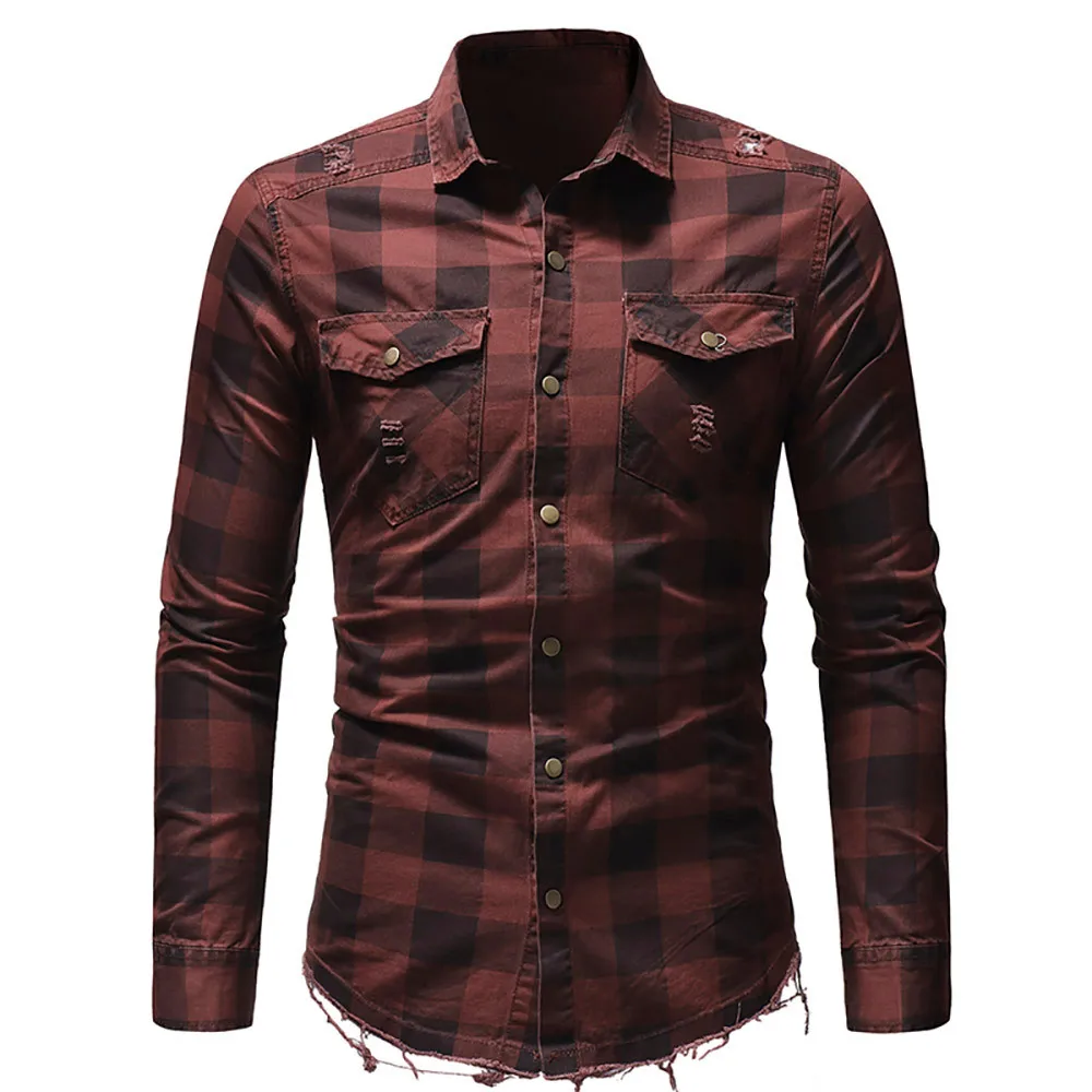 Для мужчин Slim Fit Стиль рубашки свитеры с пуговицами Классическая клетчатая рубашка с карманом с длинными рукавами и отложным воротником