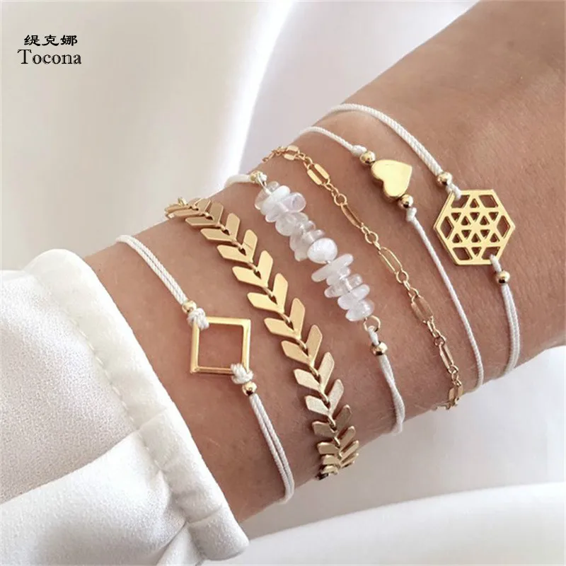 

Tocona 6pcs/Set Bohemian Heart Square Arrow Charm Chain Bracelets Set for Women White Rope Chain Bracelet Bangle Jewelry 6792