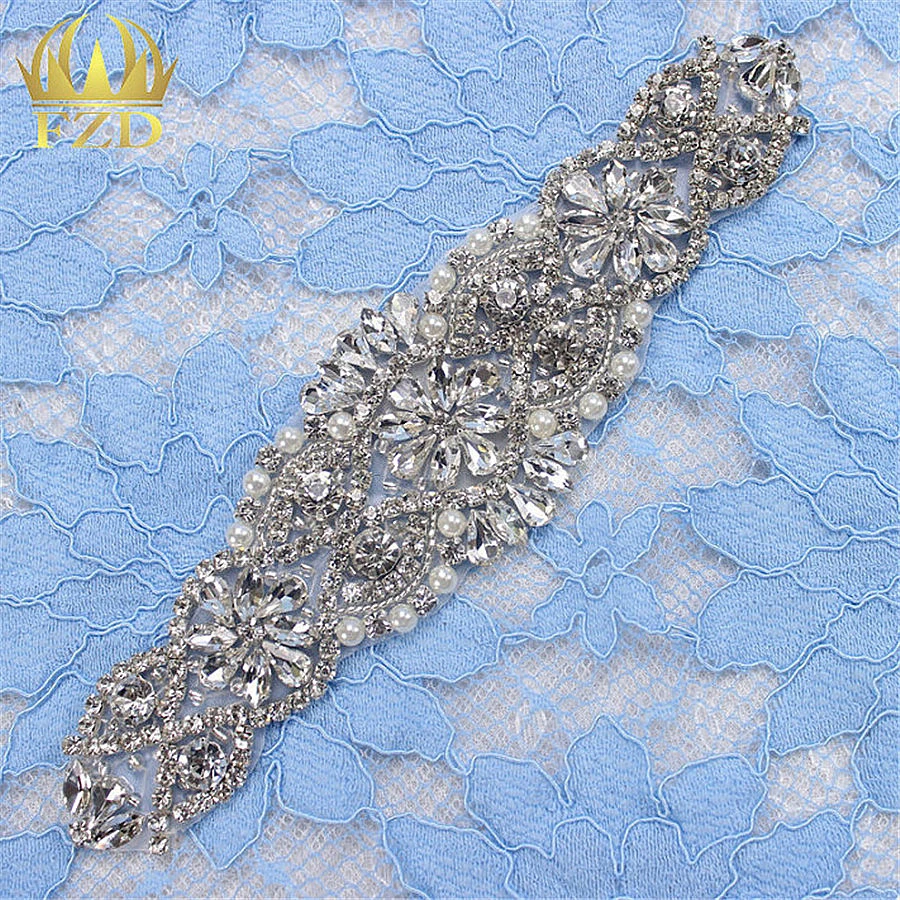 

(1piece)Handmade Beaded Hot Fix Sliver Clear Bling Sew On Crystal Rhinestone Applique for Dress DIY Bridal Belt Headbands Garter