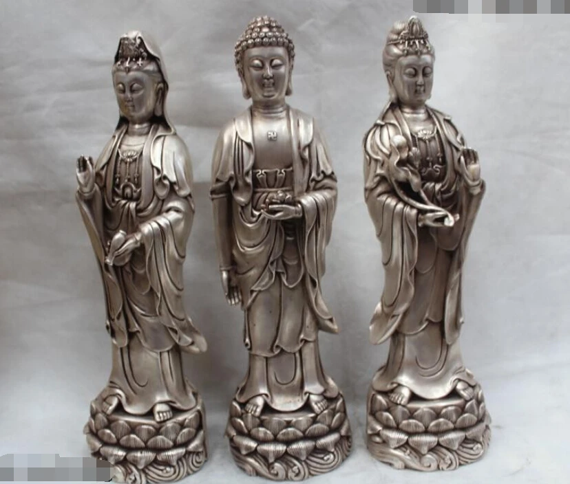 

R0720 Details about 17"Tibet Tibetan Buddhism temple Silver Lucky West Three Buddha Statue Set