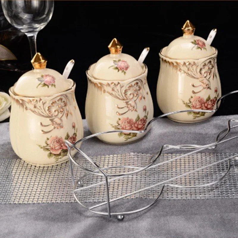 3pcs lot European style high grade ceramic jar with iron shelves Classic flower salt shaker Creative