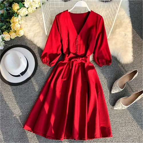 Весна Лето женское платье с v-образным вырезом три четверти рукав платья с поясом высокая талия до колена корейская мода PZ1800 - Цвет: Красный