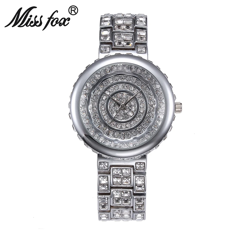 MISSFOX супер блестящие Кварцевые часы женские круглые позолоченные черные аналоговые китайские часы Стразы Ouro противоударные водонепроницаемые часы