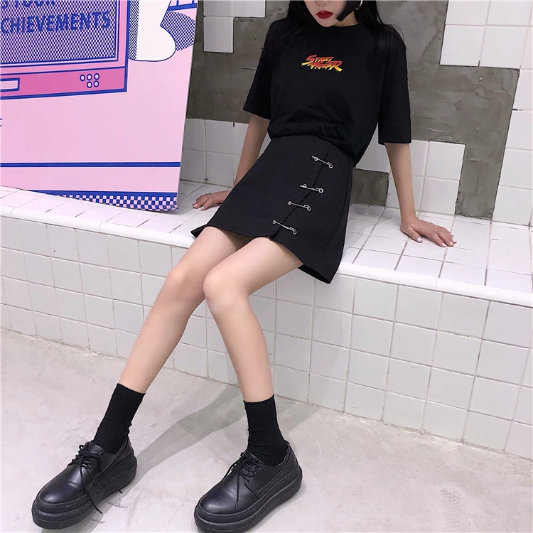 

HIGH QUALITY New ulzzang Korea ins trend Women's Clothing hipster solid Harajuku pin decoration black empire casual split skirts