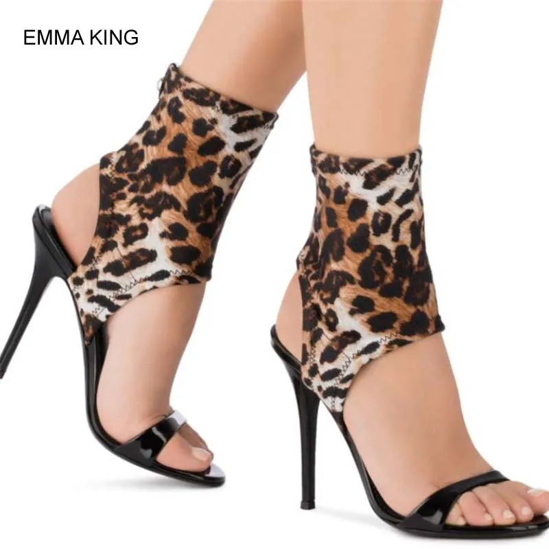 

EMMA KING Leopard Sandals Women Thin High Heels Round Toe Fashion Designer Shoes Flock With PU Modern Mujer Sandals Rome Style