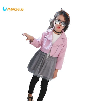 

2018 autumn winter hot children PU jacket, 2-7 year old fashion short diagonal zipper motorcycle leather jacccket with dress