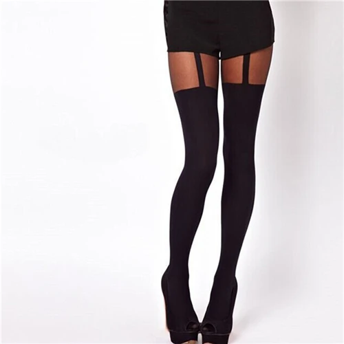 Black Fake Garter Belt Suspender Tights 