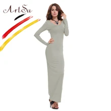 ArtSu Basic Cotton Women Maxi Dress Vestidos 2017 New Autumn Winter Long Casual Vestido Ladies Slim Dresses Robe ASDR20247