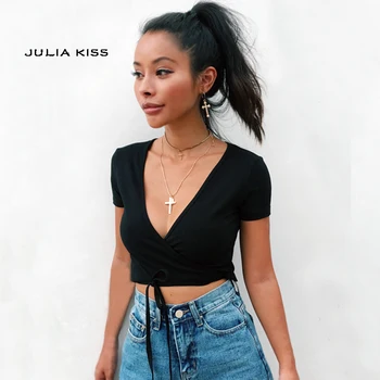 

Women V Neck Crisscross Tie Crop Tee With Wrap Detail Short Sleeve Crop Tops
