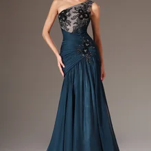 Темно-синие шифоновые вечерние платья, вечерние платья русалки на одно плечо, черные кружевные Длинные вечерние платья с аппликацией