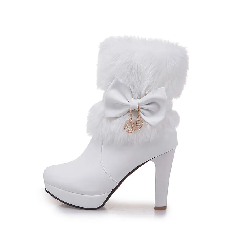YMECHIC/женские зимние модные ботинки на высоком каблуке; коллекция года; цвет розовый, белый, черный; меховая обувь с кисточками и бантом; Милая женская свадебная обувь в стиле Лолиты