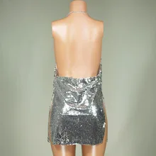 OMILKA Sexy Club Dress 2017 Women Sequin Sleeveless Strap Backless Split Dress Silver Glitter Bling Party Mini Sequined Dress