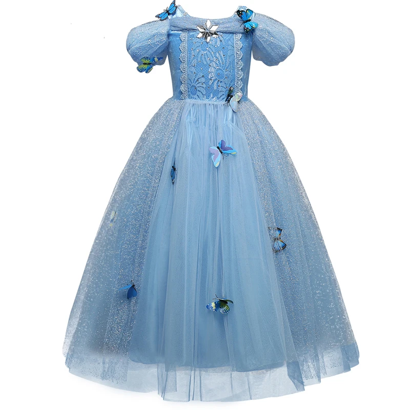 Маскарадное платье Эльзы для девочек; нарядная детская одежда принцессы Золушки, расшитая блестками; Детские вечерние длинные платья с бабочками; костюм на Хэллоуин