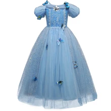 Маскарадное платье Эльзы для девочек; нарядная детская одежда принцессы Золушки, расшитая блестками; Детские вечерние длинные платья с бабочками; костюм на Хэллоуин