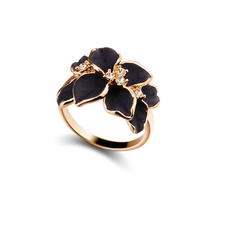 SHUANGR одежда высшего качества черный, белый цвет Камелия кольцо из розового золота цвет Австрийские кристаллы Свадебная вечеринка кольцо для женщин anillos - Цвет основного камня: Gold