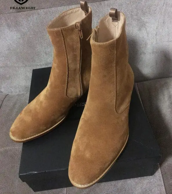 FR.LANCELOT Brand Brown Suede Handmade Vintage Nobel Luxury Genuine Leather Wyatt Harness Side Zipper Men Shoes