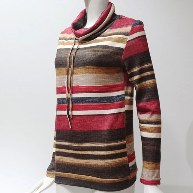 Women-Tshirt-Casual-Long-Sleeve-Pile-Collar-Pullovers-T-shirt-Spring-Autumn-Striped-Tops-Korean-Clothes