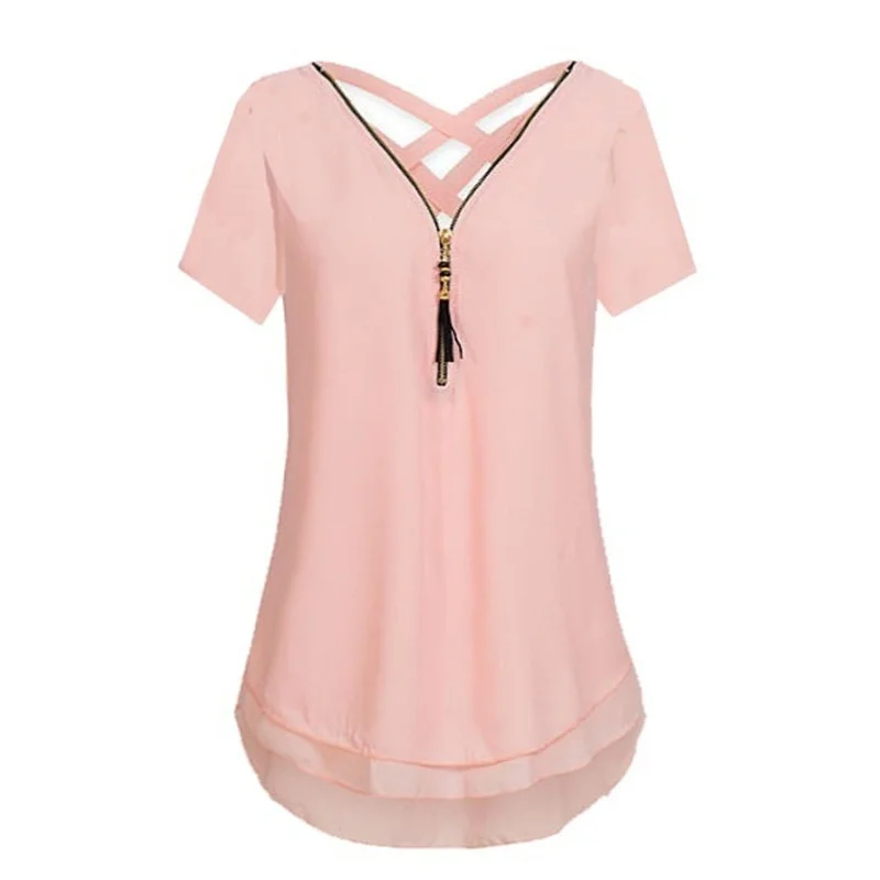 

Summer Women V-neck Zipper Short Sleeve Back Cross Plus Szie Blouse Tops S-5XL