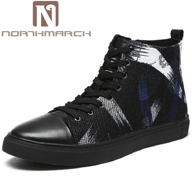 

NORTHMARCH Brand Mens Shoes Fashion Handmade Basic Boots Canvas Boots Casual Lace-Up Ankle Print Boots High-Top Botte Homme