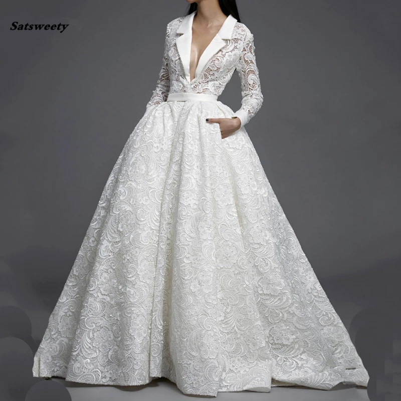 Speciale Ontwerp Lace Lange Mouwen Chic Wedding Baljurken Custom Made Venetië Lace Puffy Illusion Verwijderbare 2 stuks Bridal Jurk Speciale Ontwerp Lace Lange Mouwen Chic Wedding Baljurken Custom Made Venetië Lace Puffy Illusion Verwijderbare 2 stuks Bridal Jurk