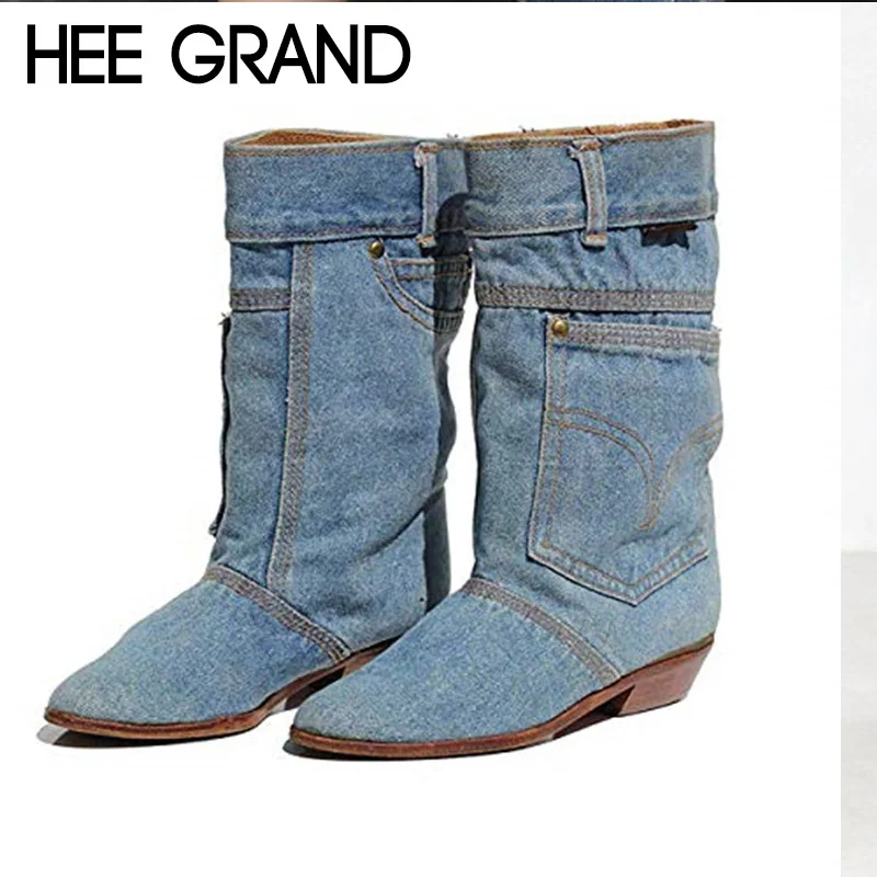 

HEE GRAND Women Fashion Boots Denim Material Boots Slip-on Mid-calf Bootie Waterproof Warm Footwear Shoes Mujer Booten XWX7151