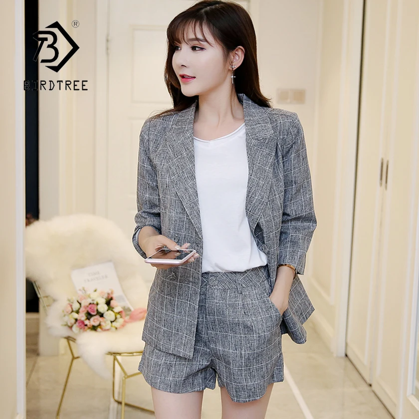 

New Women's Cotton Linen Classic Plaid Double Breasted Blazer &High Waist Wide Leg Shorts Elegant Office Lady Pant Suits S86529F
