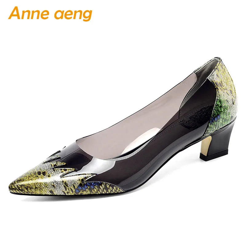 

2019 New Genuine Leather Women Pumps Middle Square Heel Pointed Toe Shallow Fashion Sexy Ladies Women Shoes Yellow High Heels