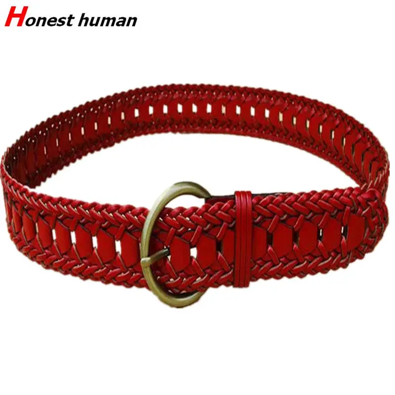 

Women Kintted Genuine Leather Belt Vintage D-shape buckle Waist Belt Female Dress Braided Belt 100% Handmade Belt pin buckle