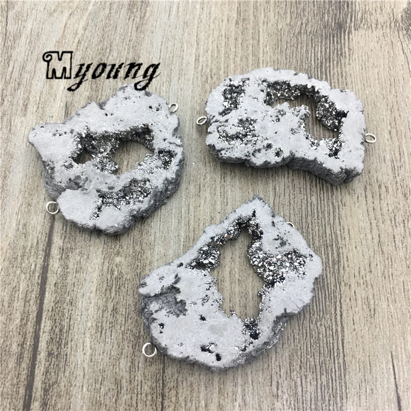 

Freeform Agates Quartz Geode Silver Titanium Pendant Beads,Raw Gray Quartz Druzy Stone Connector For Jewelry Making MY2089