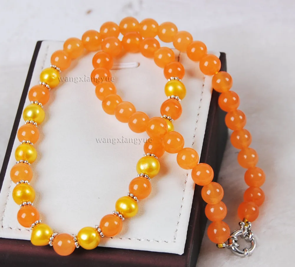 

Wholesale FREE SHIPPING Fashion Golden Akoya Cultured Pearl/Orange stone Round Beads Necklace