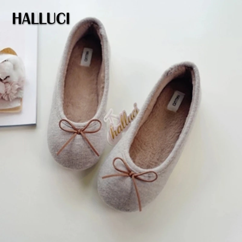 

HALLUCI khaki Knitted bow-knot short plush pantufa home slippers women shoes soft chinelo zapatos mujer indoor house shoes