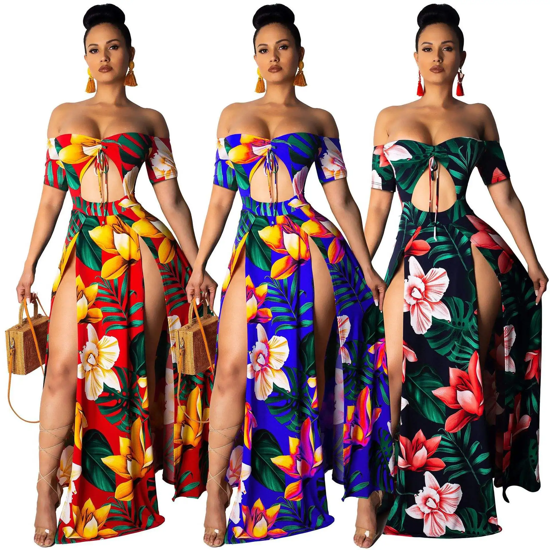 Fashion Women Summer Boho Floral Long Maxi Split Party Beach Dress Sundress