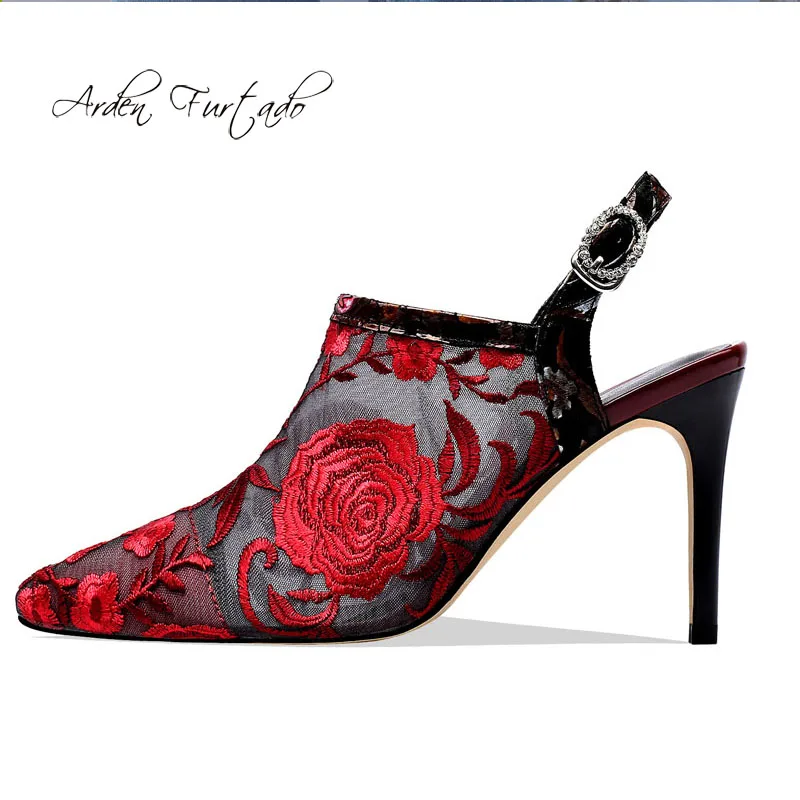 

Arden Furtado Summer Fashion Women's Shoes Stilettos Heels Pointed Toe Buckle strap mesh sandals flowers party shoes size 33 40