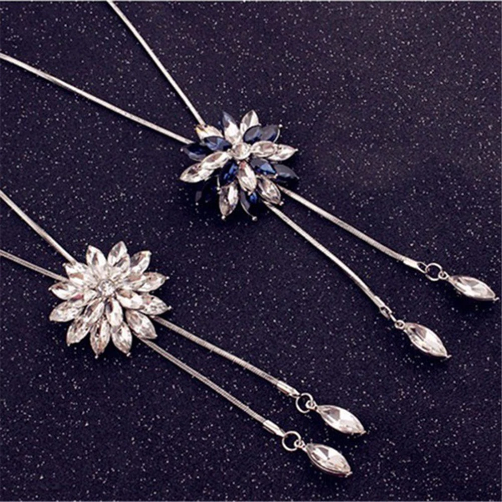 Zircon Snowflake Long Necklace Sweater Chain Fashion Fine Metal Crystal Rhinestone Flower Pendant Necklaces | Украшения и
