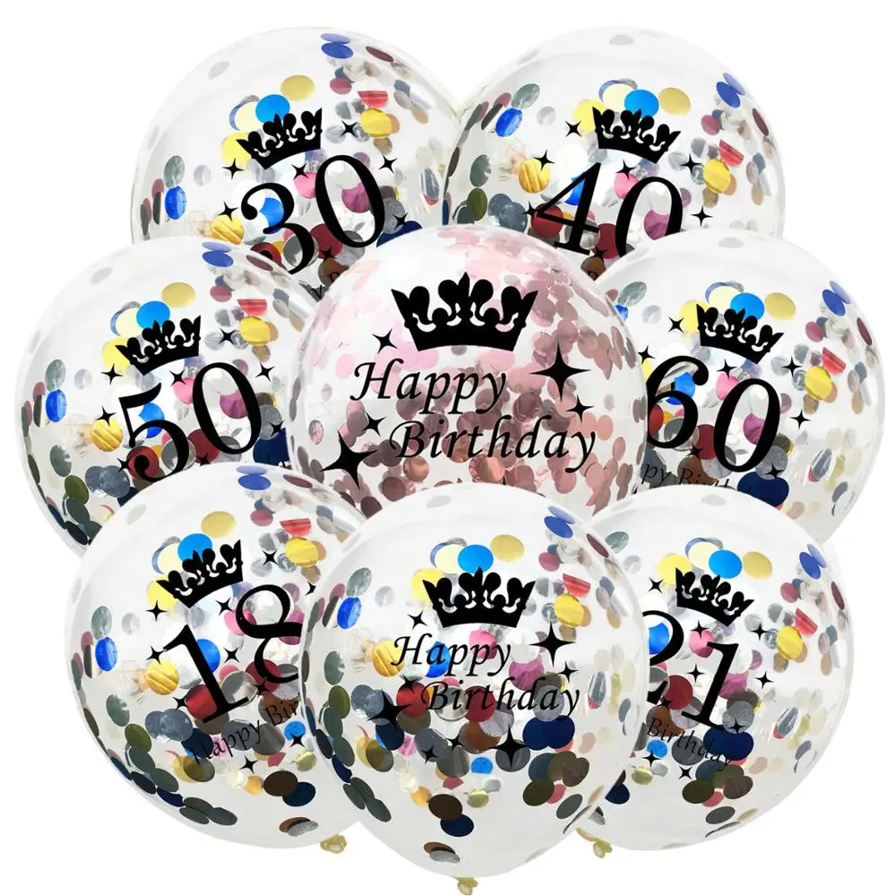 

5-piece set of 12-inch transparent crown birthday digital latex confetti balloon birthday party sequin balloon 1,18,30,40,50,60