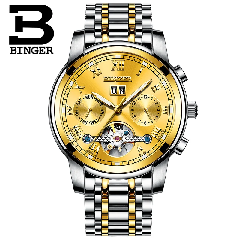 

BINGER Gold Tourbillon Multifunction Automatic Mechanical Men Watch Top Brand Luxury Business watch Stainless Steel Case Sport