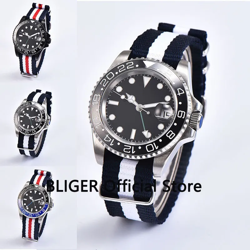 

Sapphire Crystal 40mm Black Sterile Dial Ceramic Bezel Luminous Marks GMT Function Automatic Movement Men's Watch Nato Band P160