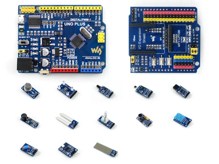 

Parts AVR Board UNO PLUS Onboard MCU ATMEGA328P-AU Compatible with UNO R3 Board Kit + IO Expansion Shield +Sensor Modules