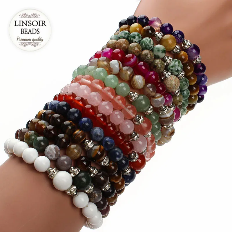 

LINSOIR 2017 Fashion Natural Stone Beads Agates Bracelet Crystal Rhinestone Stretch Bracelets For Women Pulseras Mujer F2853