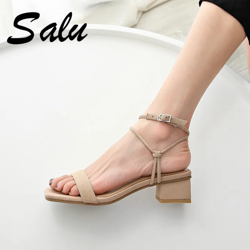 

Salu 2019 Women Sandals Suede Leather Square Low Heel Square Open-toed Buckle Hollow Slingback Concise Ladies Size 34-39