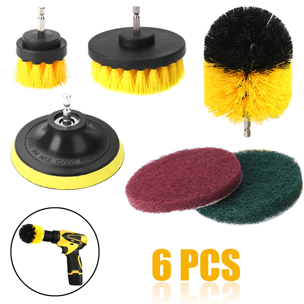 

6pcs/set Yellow Drill Brush Attachment Set 4" Scouring Pads Power Scrubber Brush Power Scrub Cleaning Kit
